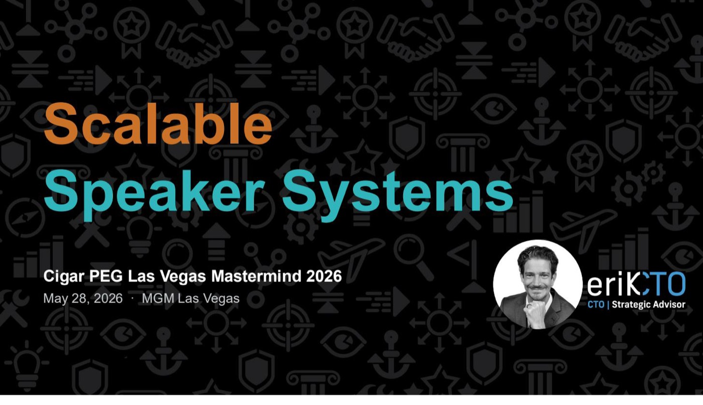 Slide 1 of 4: Cover slide for Scalable Speaker Systems, Cigar PEG Las Vegas Mastermind 2026, MGM Las Vegas, May 28, 2026.