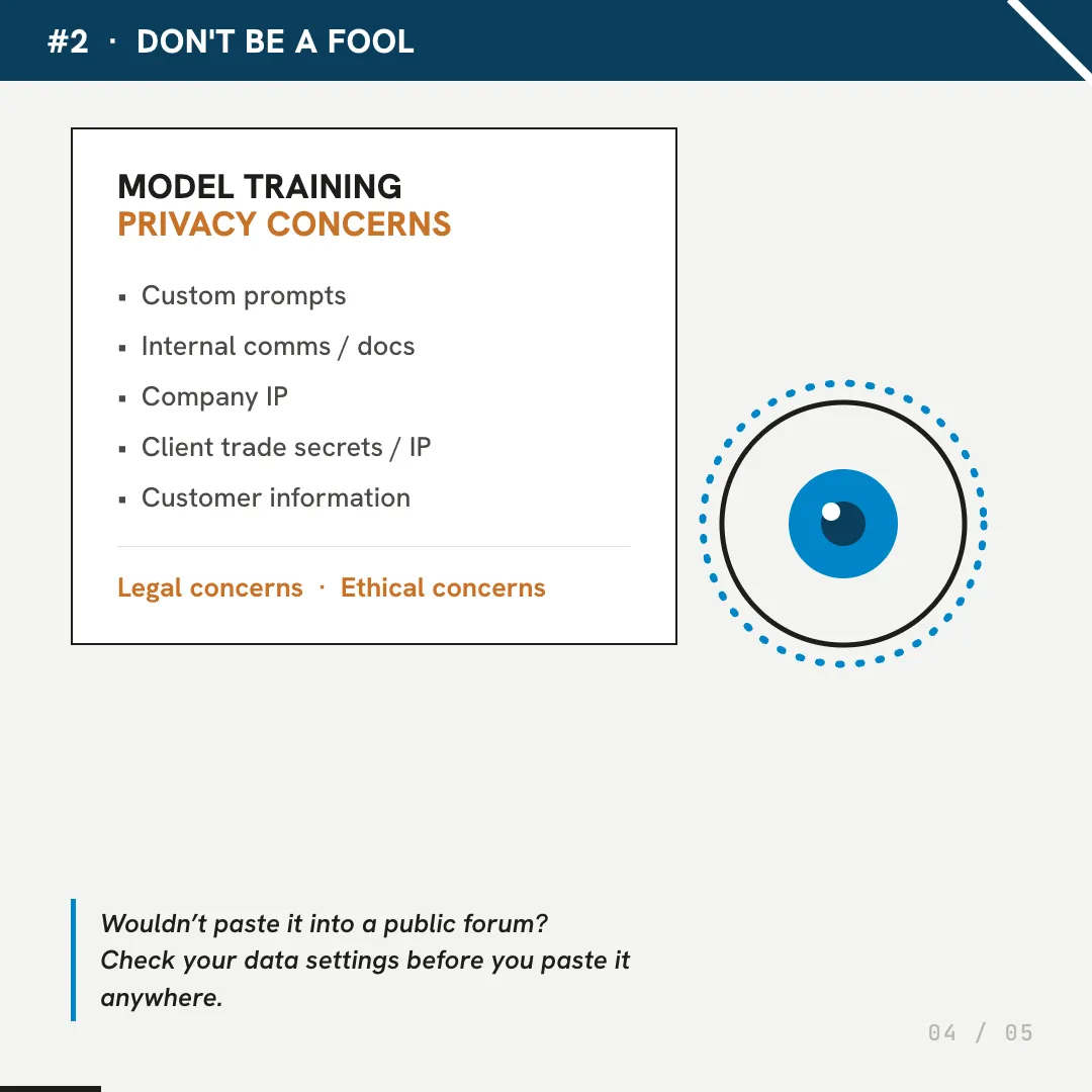 Image 4 of 5: Don't Be A Fool: model training privacy concerns: custom prompts, internal docs, company IP, client trade secrets, customer information.