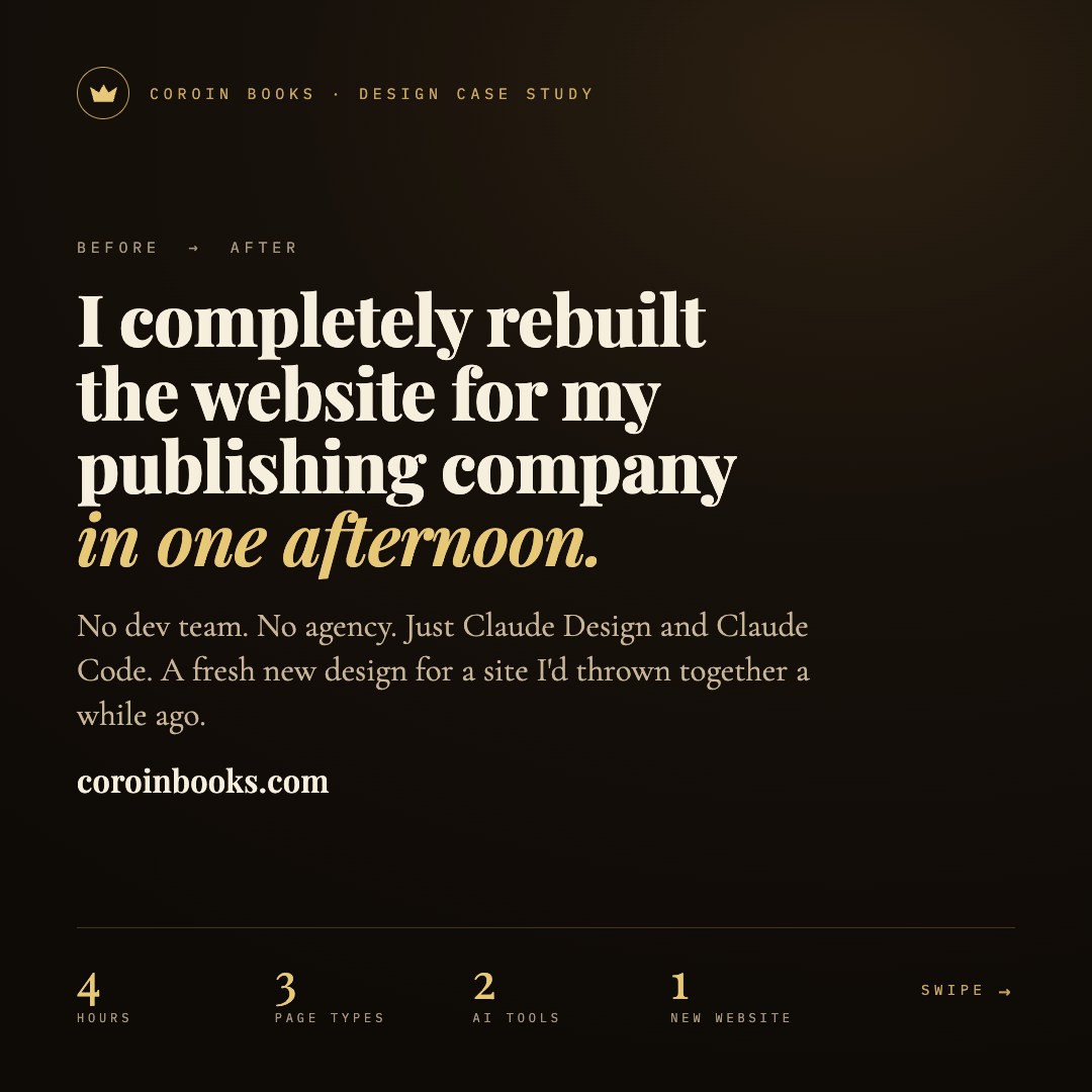 Slide 1 of 4: "I completely rebuilt the website for my publishing company in one afternoon." Stats: 4 hours, 3 page types, 2 AI tools, 1 new website.
